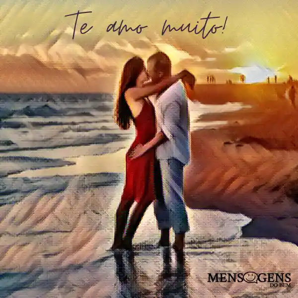 Casal de namorados na praia e mensagem: Te amo muito!